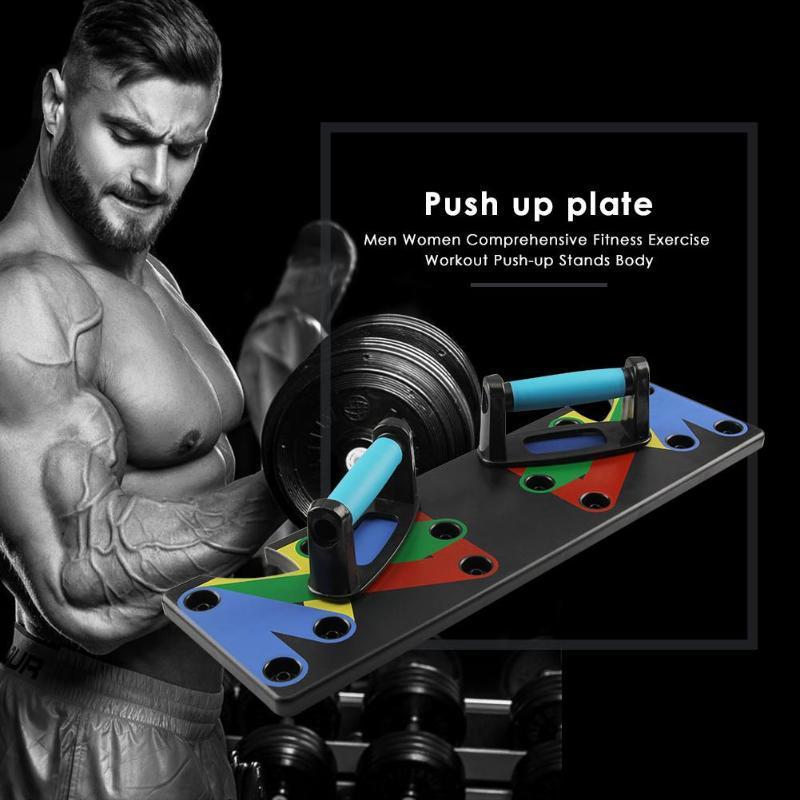 Man using a push-up plate with weights on a black background