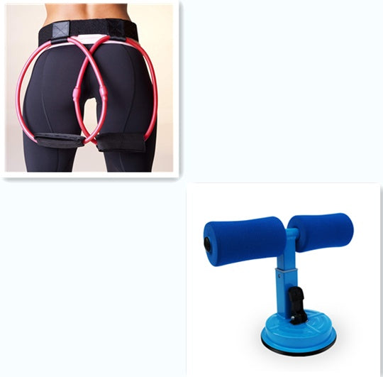 Collage of a pink resistance band and a blue and black exercise device on a white background.