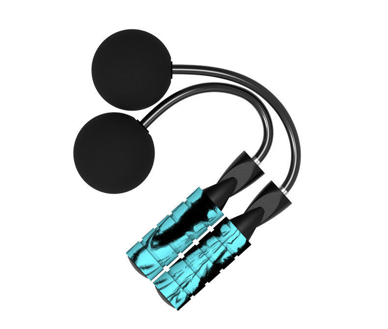 Black jump rope with turquoise handles on a white background