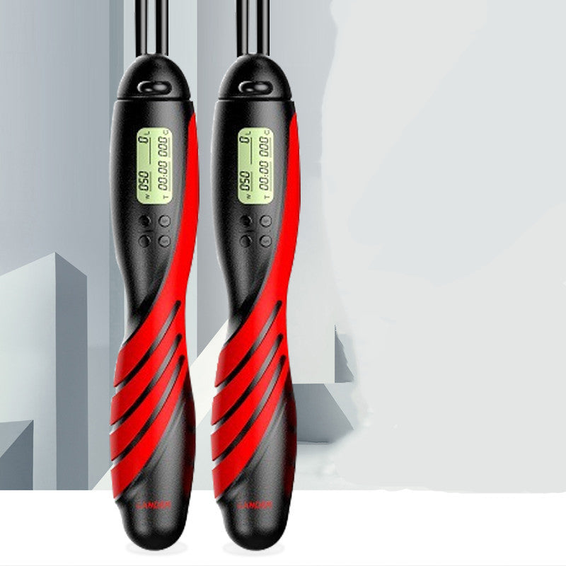 Two digital jump ropes with red and black design on a gray geometric background
