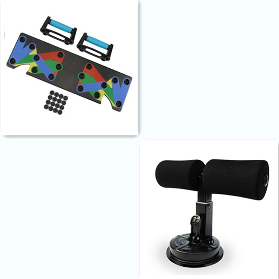 Colorful exercise board with resistance bands and a black ab roller on a white background.