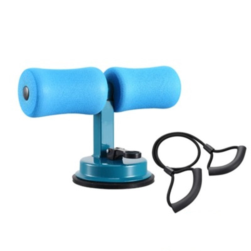 Blue arm exercise device with black resistance band on a white background