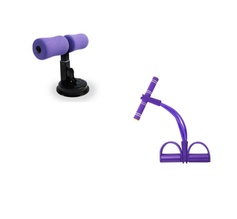 Purple exercise equipment including a dumbbell and resistance band on a white background