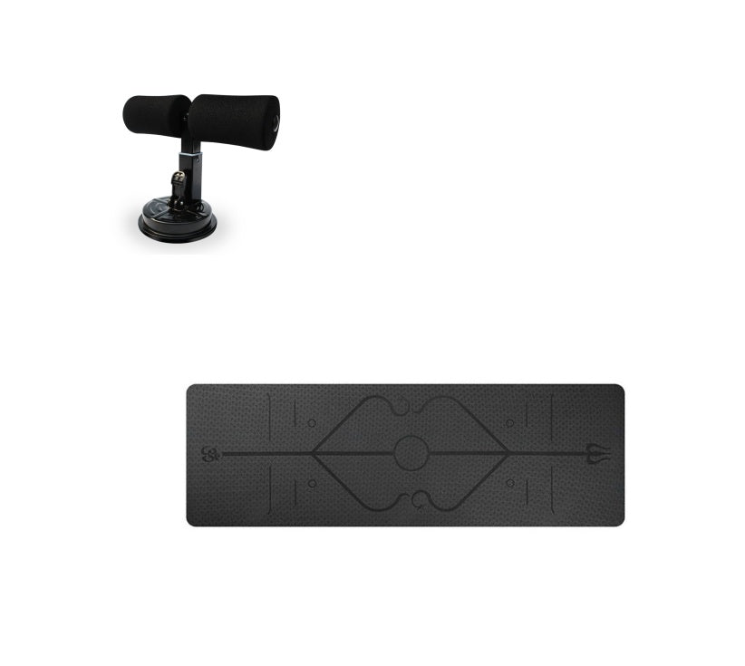 Black yoga mat with design and black handheld microphone on a white background