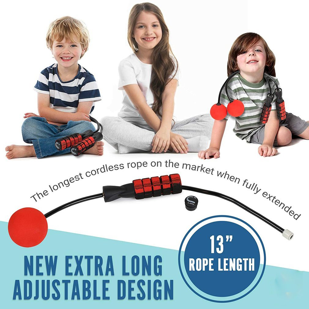 Children sitting with a long cordless rope, highlighting its length and design.