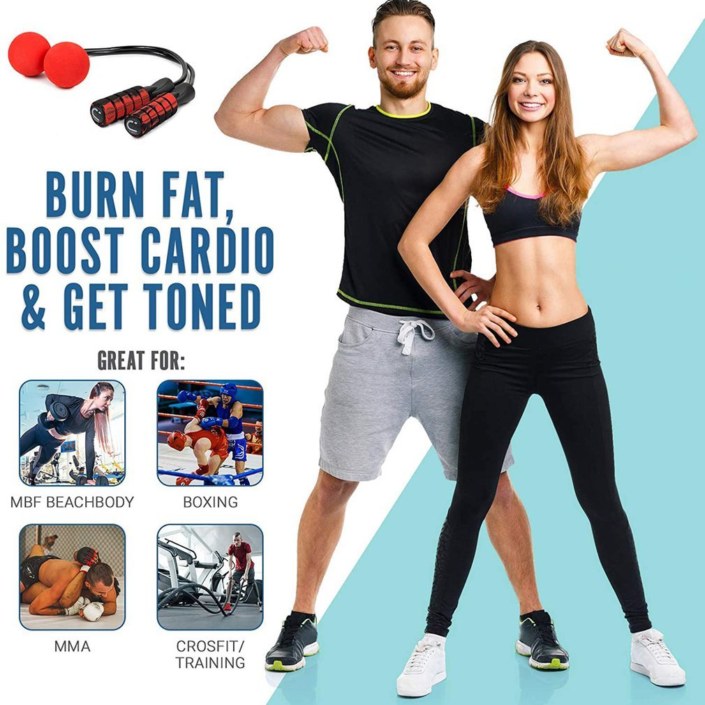 Two people flexing muscles with fitness equipment and text about fitness benefits on a blue background