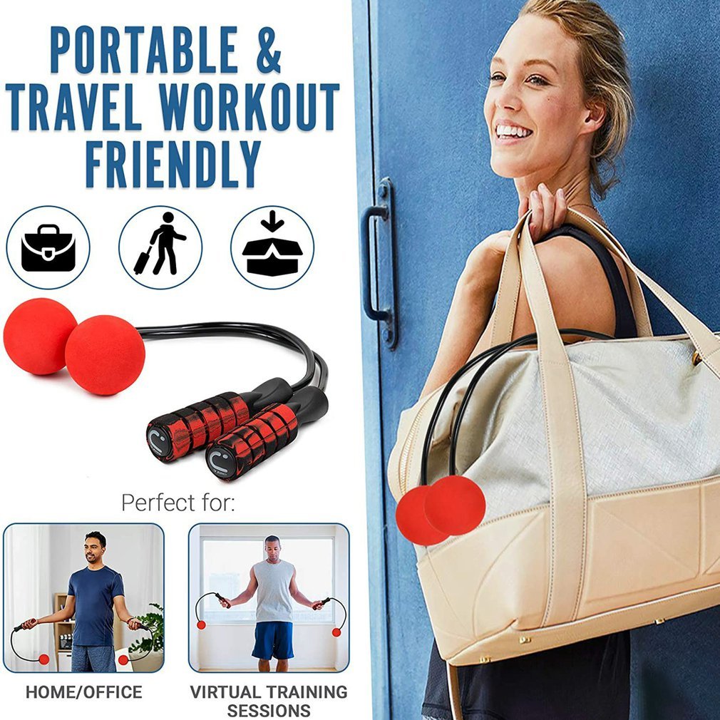 Woman carrying a gym bag with workout equipment, including resistance bands and a jump rope, against a blue door background.