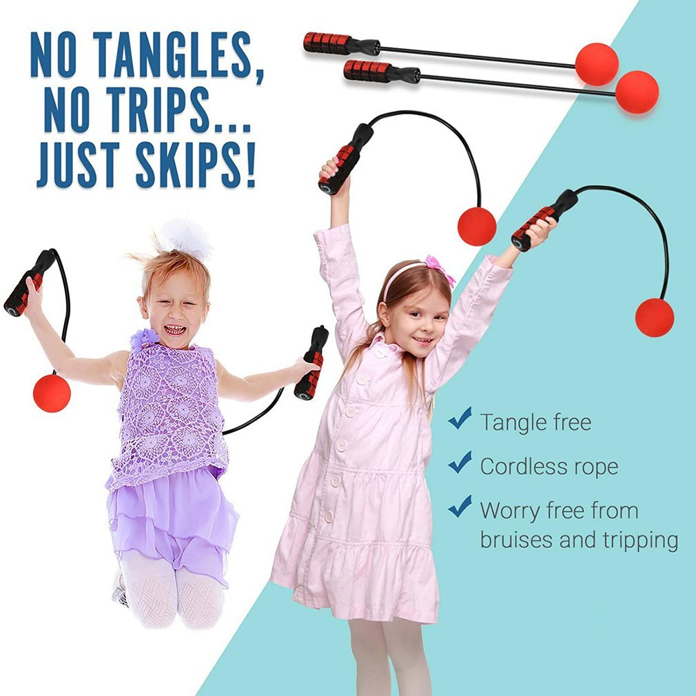 Two children using tangle-free jump ropes with text highlighting benefits on a white and blue background.
