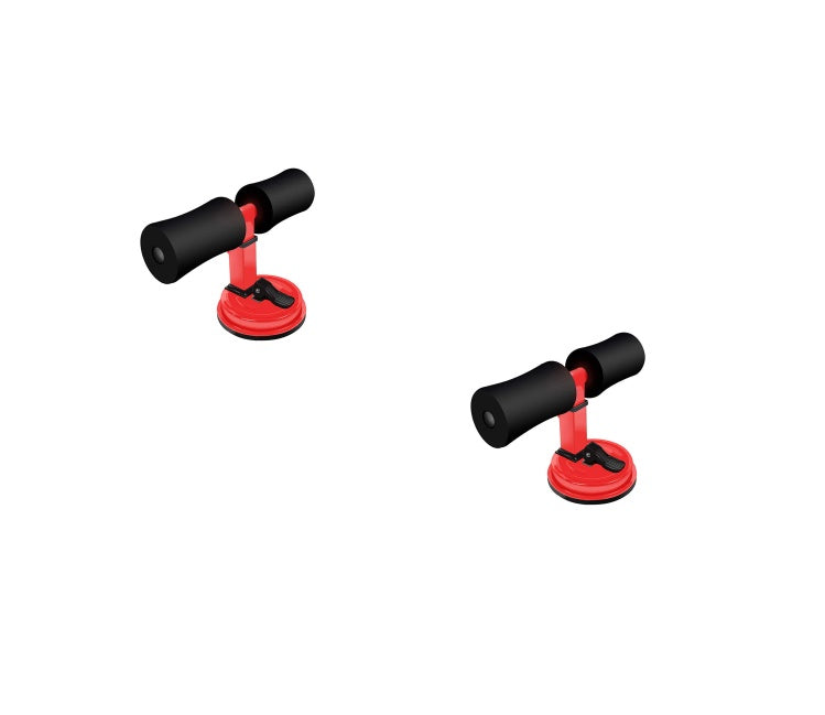 Pair of black and red dumbbell-shaped suction cups on a white background