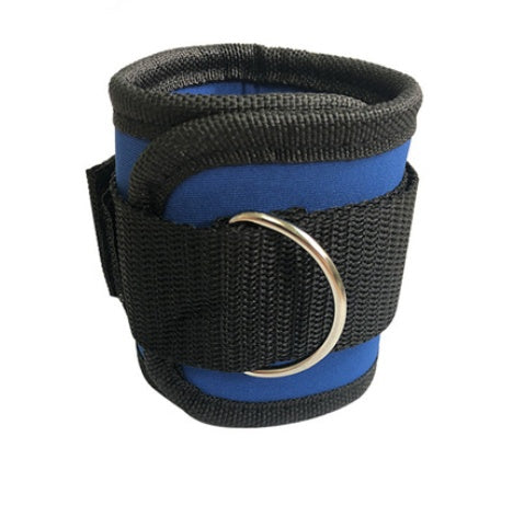 Black wrist support with blue straps and a metal ring on a white background