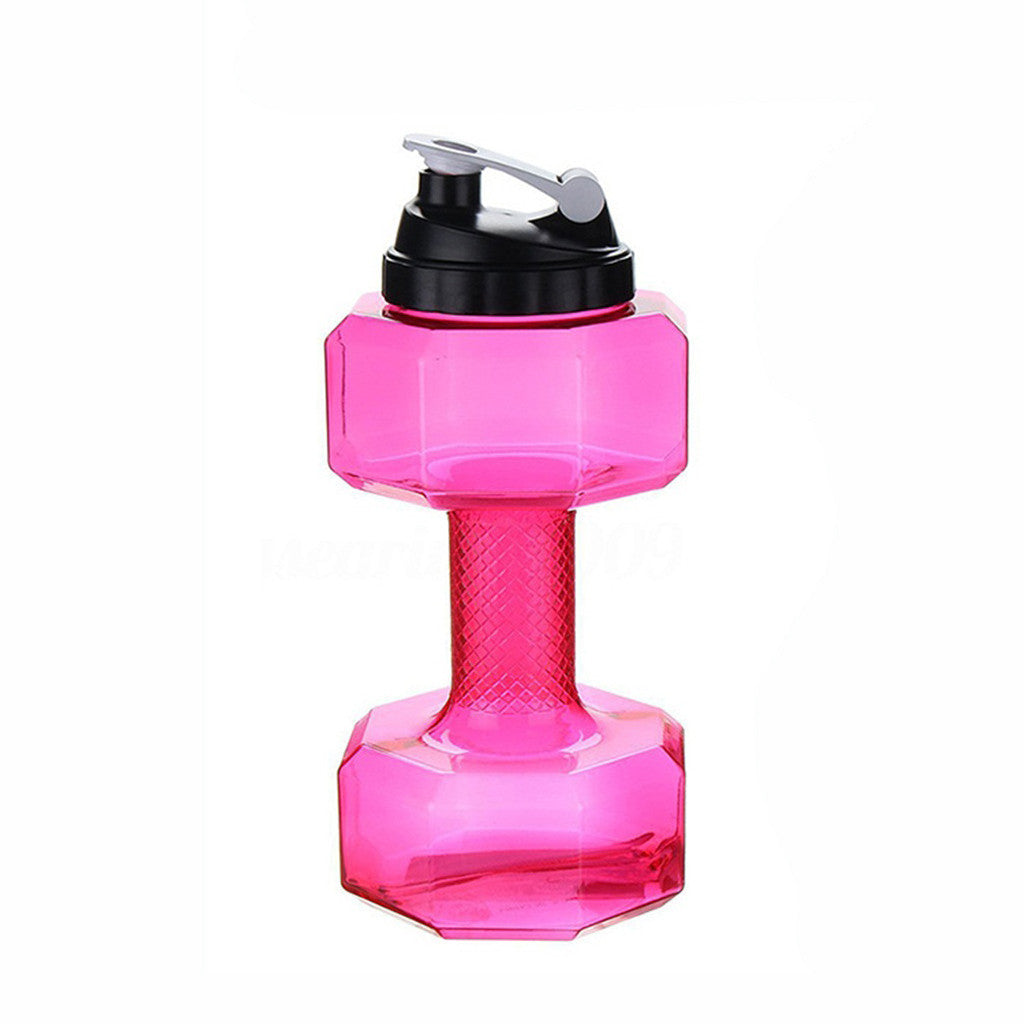 Pink dumbbell-shaped water bottle with a black cap on a white background