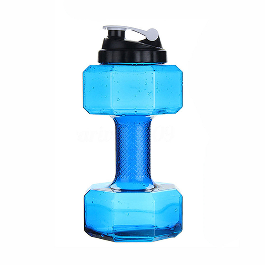 Blue dumbbell-shaped water bottle with a black cap on a white background