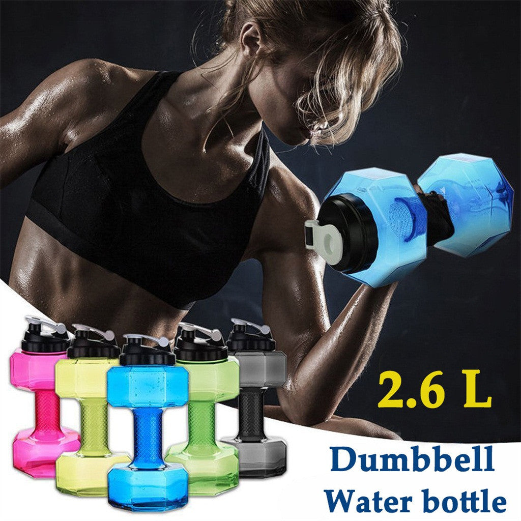 Woman lifting a blue dumbbell-shaped water bottle with other colorful bottles below and text indicating volume and product name.