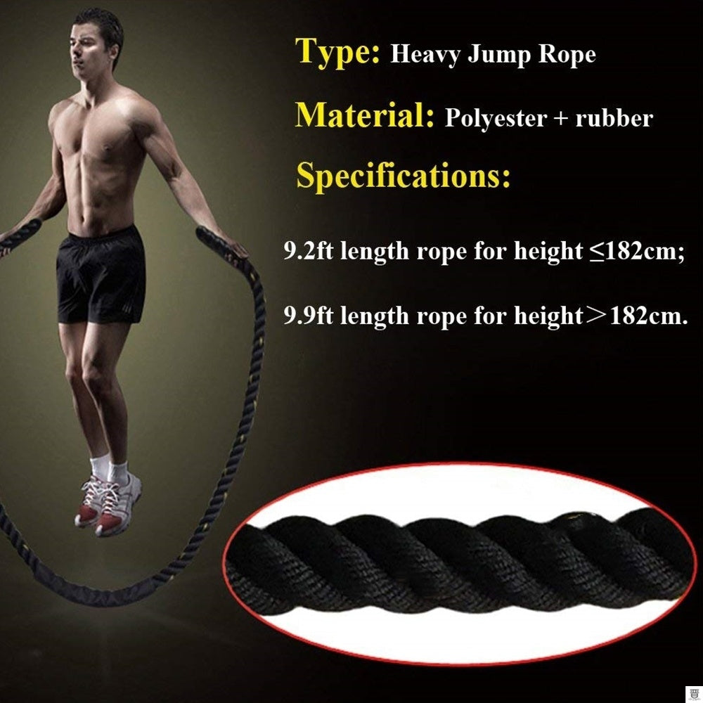 Man using a heavy jump rope with product details on a dark background
