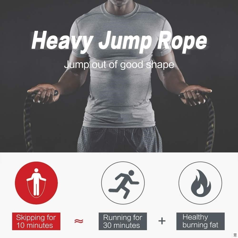 Person holding a heavy jump rope with fitness benefits displayed below on a dark background