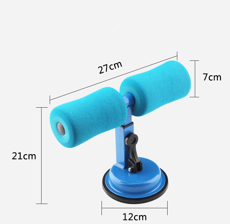 Blue handheld exercise device with measurements on a white background