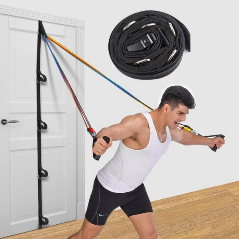 Man using resistance bands for exercise with a close-up of the bands on a white background.
