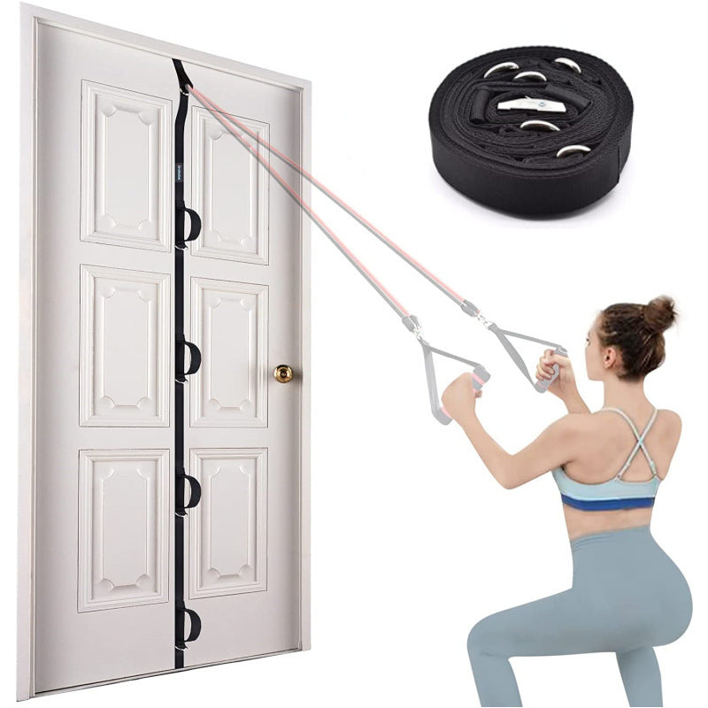 Woman using resistance bands against a white door with a close-up of the bands.