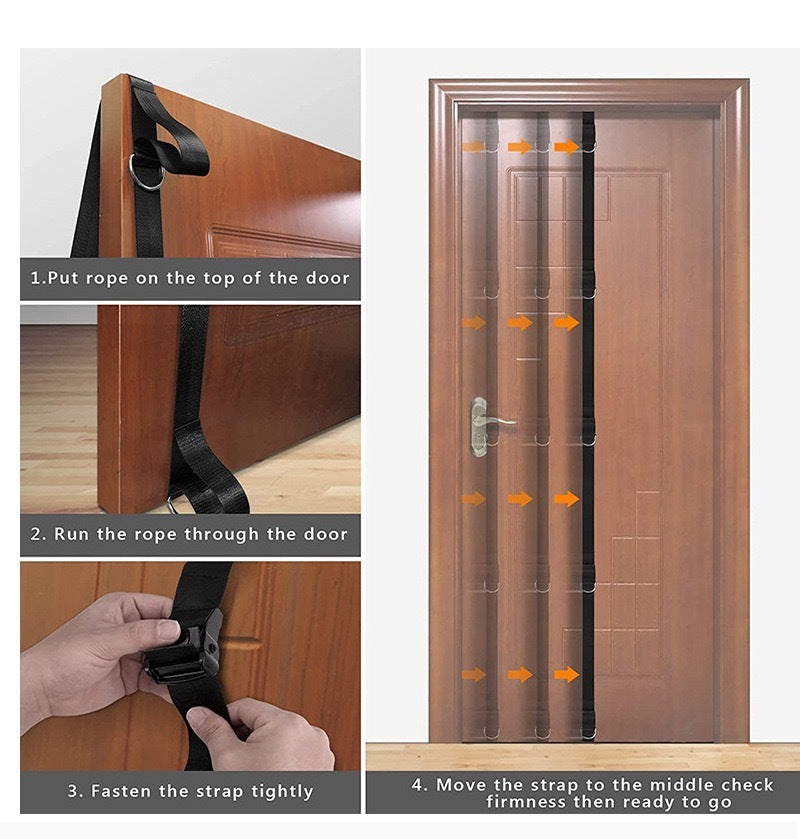 Step-by-step guide on how to use a door security strap with visual instructions.