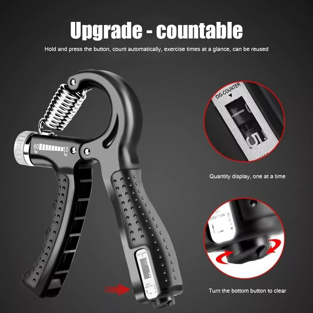 Black hand grip strengthener with digital counter on a dark background