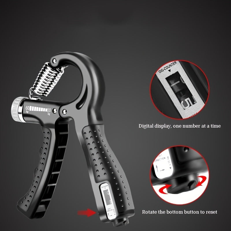 Black hand grip strengthener with digital display on a dark background