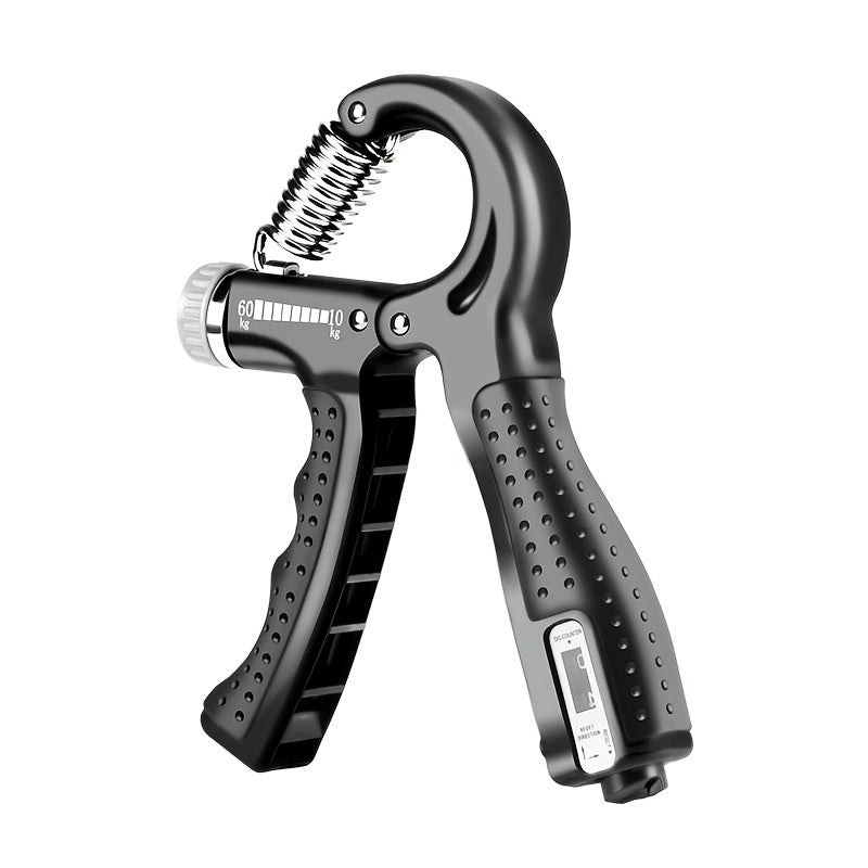 Black hand grip trainer with digital display on a white background