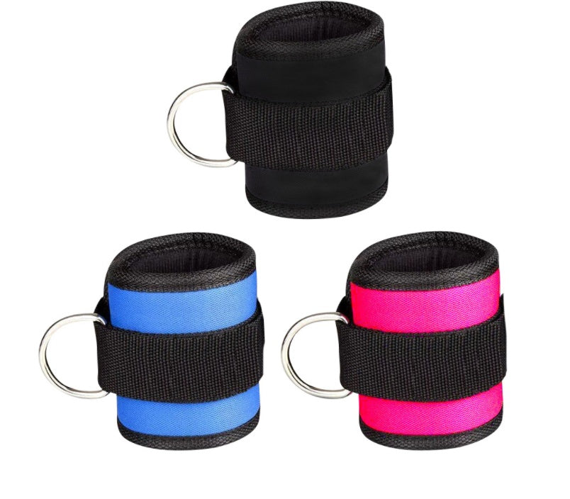 Three black wrist wraps with blue and pink stripes on a white background