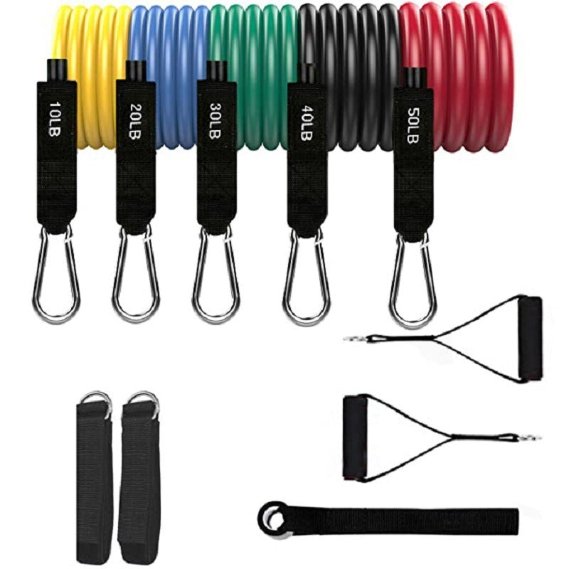 Set of resistance bands in various colors with labeled weight capacities on a white background.
