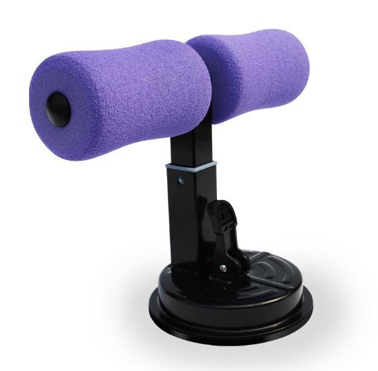 Purple foam-handled dumbbells with a black stand on a white background
