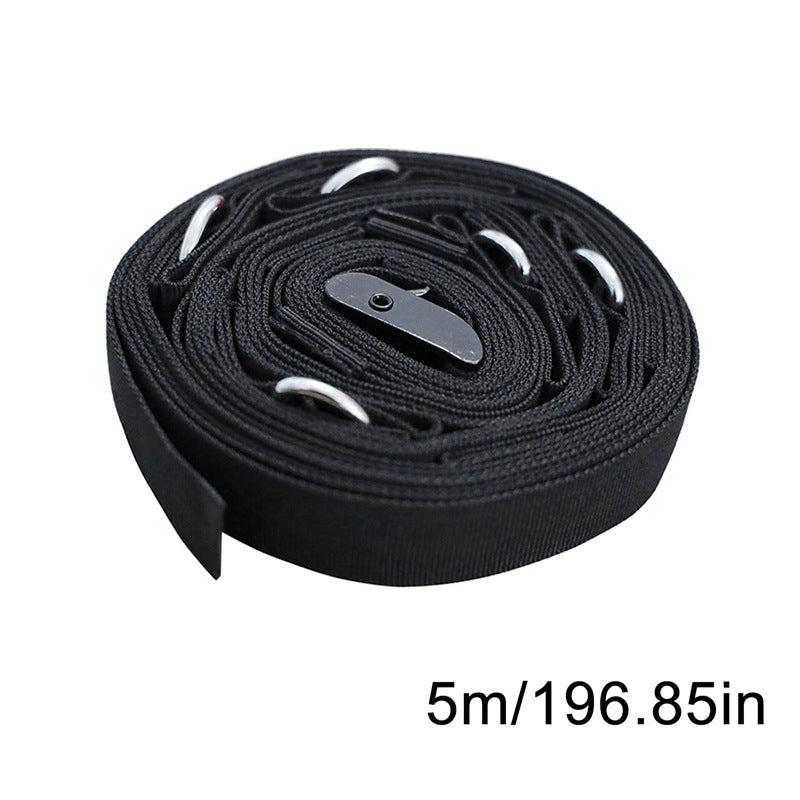 Black webbing strap with a buckle on a white background