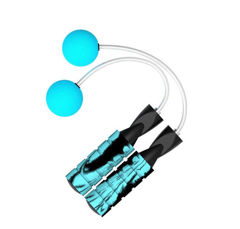 Turquoise jump rope with black handles on a white background
