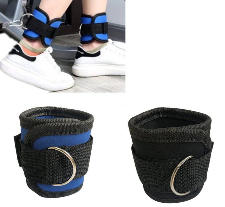 Black and blue ankle straps with metal rings on a white background