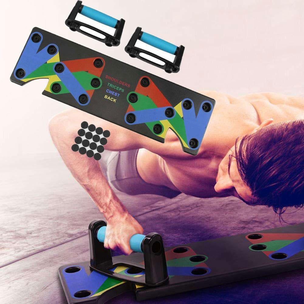 Person using a colorful fitness tool with attachments on a wooden floor.