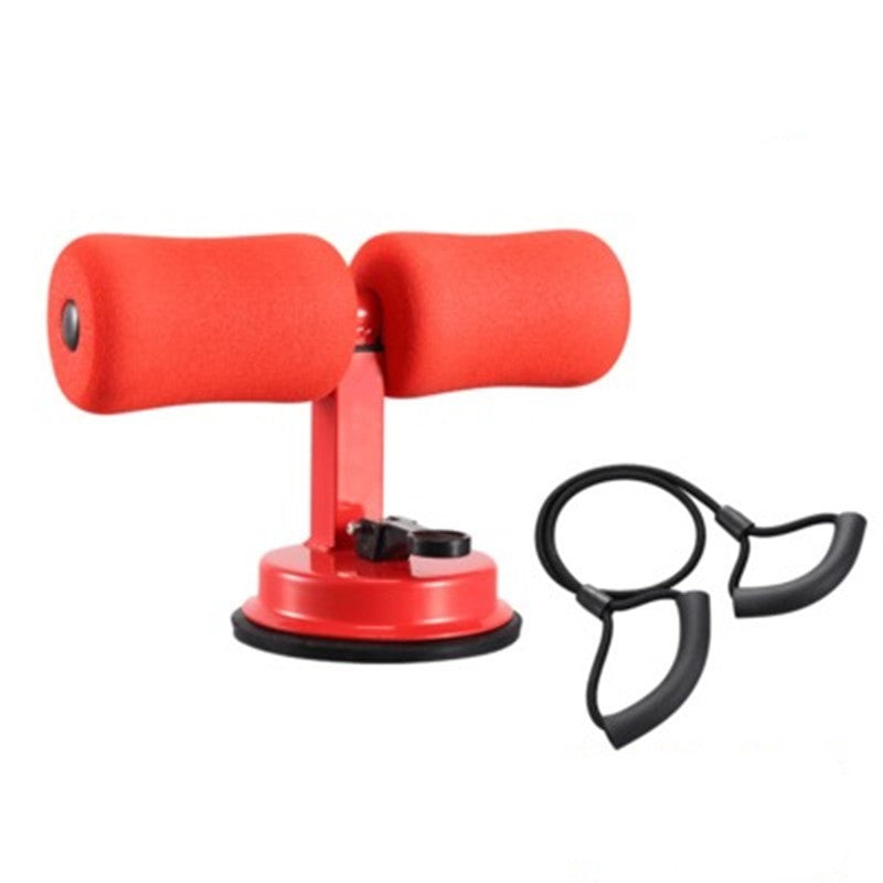 Red ab roller and black resistance band on a white background