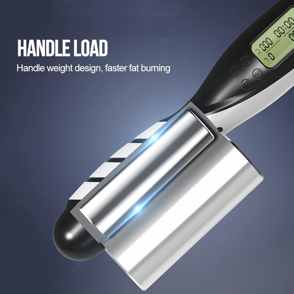 Handheld device with digital display on a dark background, featuring text about handle weight design.