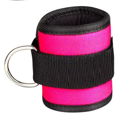 Black and pink wrist support with a keyring on a white background