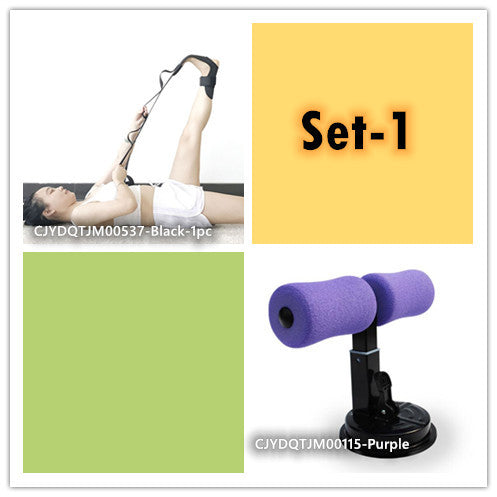 Collage of fitness equipment with a woman exercising, color swatches, and product names.
