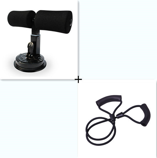 Black handheld exercise device with a suction cup and bow-shaped handle on a white background